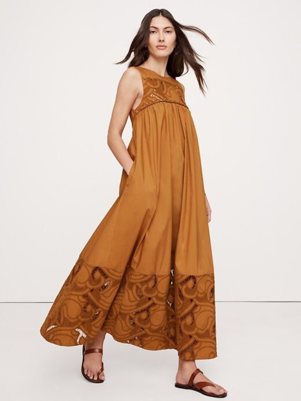 Embroidered Broderie Lace Cotton Poplin Maxi Dress - XL